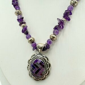 Carolyn Pollack 925 Amethyst Beaded Necklace w Inlay Pendant Signed 18-20”